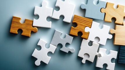 Poster - Puzzle Pieces Arranged in a Minimal Composition Representing the Concept of Teamwork and Collaboration in a Creative Workspace