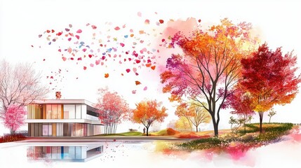 Poster - Modern building drawing infused with colorful trees and expressive background