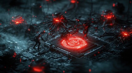 Aufkleber - Hackers engage in battle against regulated internet systems digital realm cyber warfare dark environment aerial view