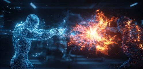 Poster - Holographic avatars battle in digital coliseum virtual arena 3d animation futuristic world dynamic perspective
