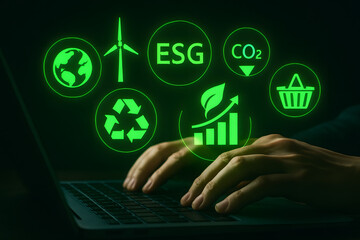Poster - Sustainable Future: A person works on laptop, showcasing environmental, social, and governance (ESG) principles