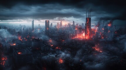 Aufkleber - Cybersecurity crisis aerial view of iot devices in a burning smart city environment