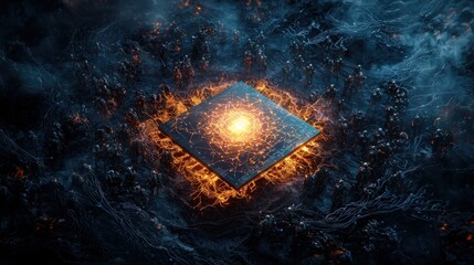 Poster - Quantum chip surrounded by armies futuristic battlefield digital art dark environment aerial view technology concept