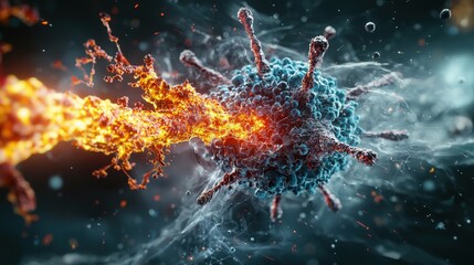 Aufkleber - Human cell under attack by virus digital art abstract illustration dark environment close-up view biological concept