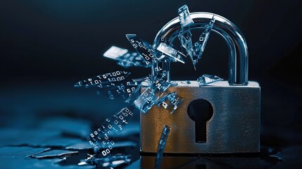 Fototapete - Digital security breach shattered padlock symbolizing data vulnerability in cybersecurity focus on tech concepts