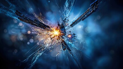 Poster - Explosive fragmentation of a shattered satellite outer space digital artwork cosmic environment dynamic viewpoint