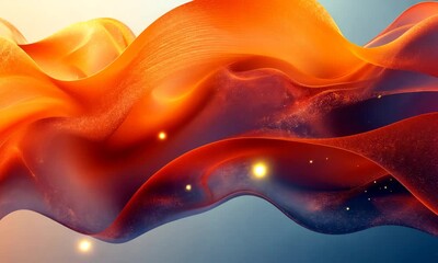 Poster - Abstract Golden Orange Wave Forms on a Blue Backdrop with Glimmering Lights, A Visual Symphony of Light and Fluidity, High Resolution and Aesthetic Appeal