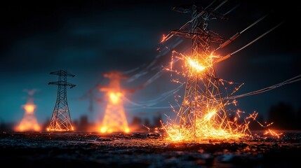 Aufkleber - Power lines shattering with glowing energy urban landscape digital art nighttime dramatic perspective