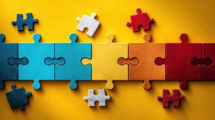 Poster - Colorful Puzzle Pieces Arranged on a Vibrant Background Representing Teamwork and Collaboration in a Creative Workspace