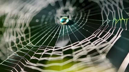 Macro focus shifts slightly on a delicate spider web with a single water droplet at its core