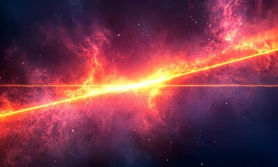 Poster - Celestial collision: A luminous line bisects a cosmic expanse of swirling nebulae and stellar dust, embodying the power and beauty of deep space phenomena