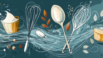 Poster - Floating Bakery Elements With Whisk, Flour, and Sugar in a Stylized Whimsical Setting for a Delightful Baking Experience