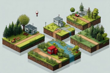Poster - Minimal Pixel Art World Showcases Diverse Environments With Buildings, Trees, and a Floating Balloon in a Clean and Imaginative Layout