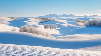 a winter landscape with rolling hills, snow-covered fields, and a bright, clear blue sky.