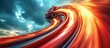 © Almahyra - Rollercoaster swirling descent, fiery trail, dramatic sky, amusement park