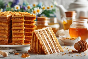 Poster - Delicious Honey Cake Slice With Visible Layers Served on a Plate Surrounded by Bright Floral Elements and Kitchen Items