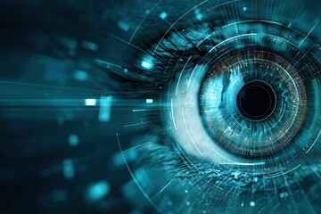 Poster - Futuristic Cybernetic Eye Scans a Digital Landscape for Information in a High-Tech Setting