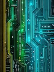 Fototapete - Minimal Computer Circuit Board Design in Luminous Blue and Green Neon Colors With Intricate Patterns and Details