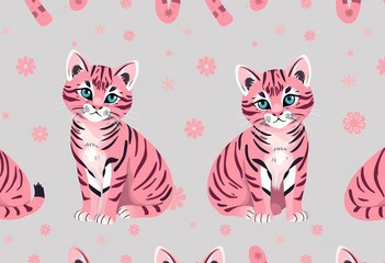 Wall Mural - Adorable pink-skinned tiger cat seamless pattern, Scandinavian style nursery print, seamless, illustration