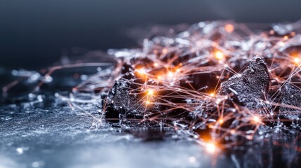 Poster - Cybernetic Network: A captivating network of glowing, interconnected nodes dances across a textured, dark surface, evoking a sense of futuristic technology and complex connectivity.