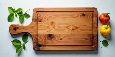 Flat lay of rustic wooden cutting board with handle, on clear background, chef's knife, woodenware