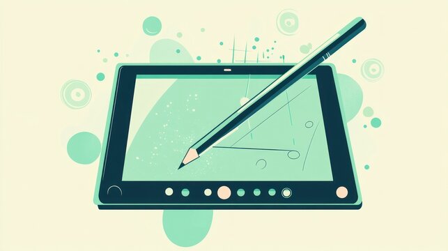 Digital drawing tablet, design process, geometric shapes, pastel background, website illustration