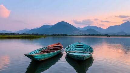 Naklejka na meble Two wooden boats float on a calm lake with mountain ranges and a colorful sky in the background.
