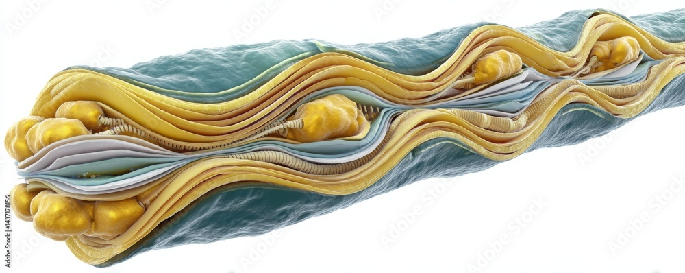 Highly detailed scientific illustration showing a twisted nerve fiber ...