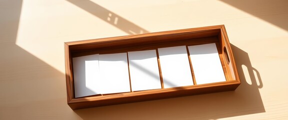 Wall Mural - Blank paper cards mockup in wooden tray, sunlight shadow on beige table, advertising, template