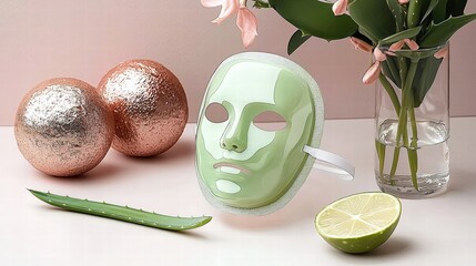 Poster - Artistic still life featuring a vase with an intricate mask design and a second green mask nearby