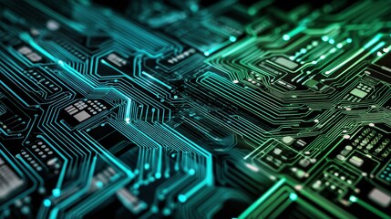 Fototapete - Minimal Computer Circuit Board Featuring Blue and Green Neon Elements Arranged in an Intricate Flat View Design