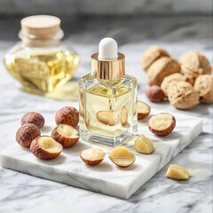 Poster - Elegant bottle of fragrant perfume surrounded by nuts for a unique and artistic still life composition