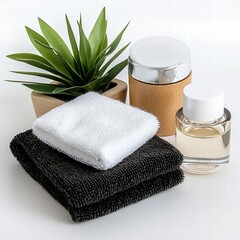 Poster - Fresh green plant with soft towel on a minimalist surface creating a calm and relaxing atmosphere