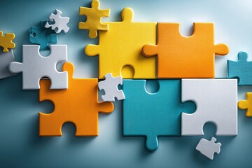 Poster - Teamwork Represented With Minimal Composition of Colorful Puzzle Pieces on a Light Background Promoting Collaboration and Unity in Problem-Solving
