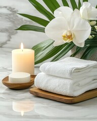 Poster - Beautiful candle and soft towels arranged on a marble countertop for a luxurious spa experience