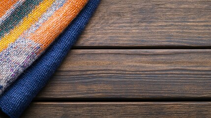 Poster - Cozy handcrafted knitted blanket artistically draped over a rustic wooden table in a warm home setting