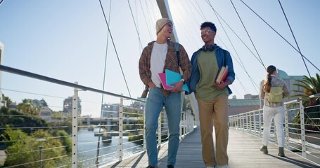 Poster - University, happy and men with books at campus for education, knowledge and commute to class together. Bridge, friends and students with discussion for learning, scholarship and travel to academy
