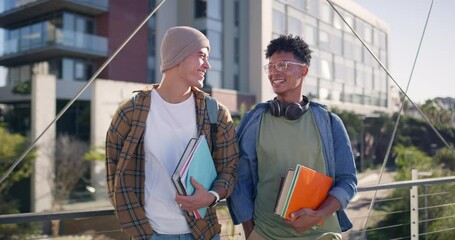 Poster - University student, men and friends with face in city, books and diversity with smile for learning, education or school. Gen z people, bridge and with backpack, happy or portrait for class at campus