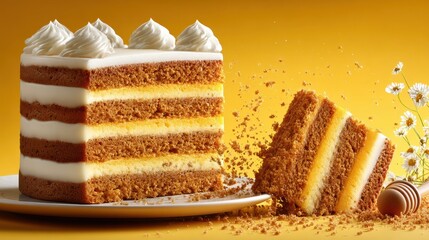 Poster - Delicious Honey Cake Slice Showcases Bright Layers and Tempting Textures in a Vibrant Composition