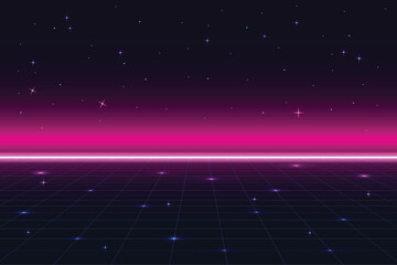 Wall Mural - retro cyberpunk pixel art game scene from the 80s. dark pink 8-bit sci-fi background. glowing neon g