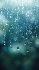 Poster - Water droplets on clear glass window with condensation, creating tranquil and refreshing atmosphere, soft blue and green background, natural light bokeh effect