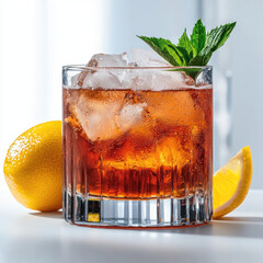 Poster - Iced cocktail with amber liquid in clear glass, garnished with fresh mint and served with lemon, refreshing and vibrant on white background