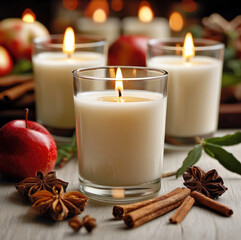 Poster - Scented candle in glass with warm flame, surrounded by cinnamon sticks, star anise, apple, and green leaves, creating cozy and inviting autumn atmosphere