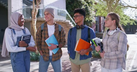 Poster - Conversation, group and friends at campus for university education, learning or study. Talking, bridge and happy students with discussion outdoor for college, scholarship or tertiary entry exam.