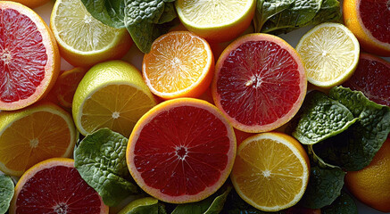 Poster - Sliced citrus fruit including grapefruit orange lemon and lime arranged with fresh green spinach leaves creating vibrant healthy and refreshing composition