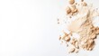 © PAPAHJAHATZ - Close-up of loose beige powder scattered on a clean white surface, minimalist composition with soft lighting, and beauty and skincare concept.