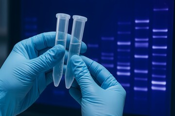 Poster - Laboratory hands holding test tubes against DNA gel electrophoresis