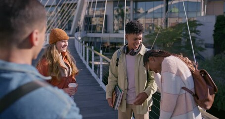Poster - University, friends and people on campus talking, in conversation and chatting outdoors. Academy students, modern college and happy men and women at school for education, learning and study group