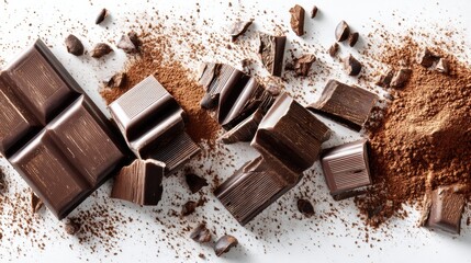 Aufkleber - Broken Chocolate Bar and Cocoa Powder Create a Tempting Flatlay on Bright White Surface