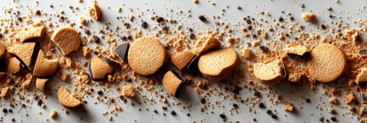 Poster - Broken Cookies Scattered on a Flat Surface Create a Delightful Pattern of Crumbs for an Appetizing Snack Time Experience
